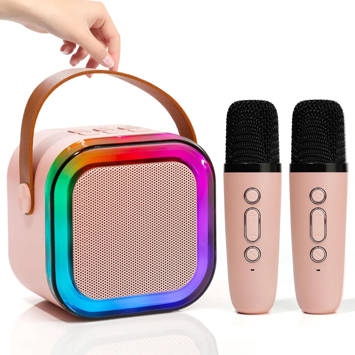 Mini Machine de karaoké avec 2 Microphones sans Fil, lumières LED, Effets vocaux, Haut-Parleur Portable Chantant pour Enfants de 3, 4, 5, 6, 7, 8, 9, 10, 11, 12 Ans et Plus (Pink)