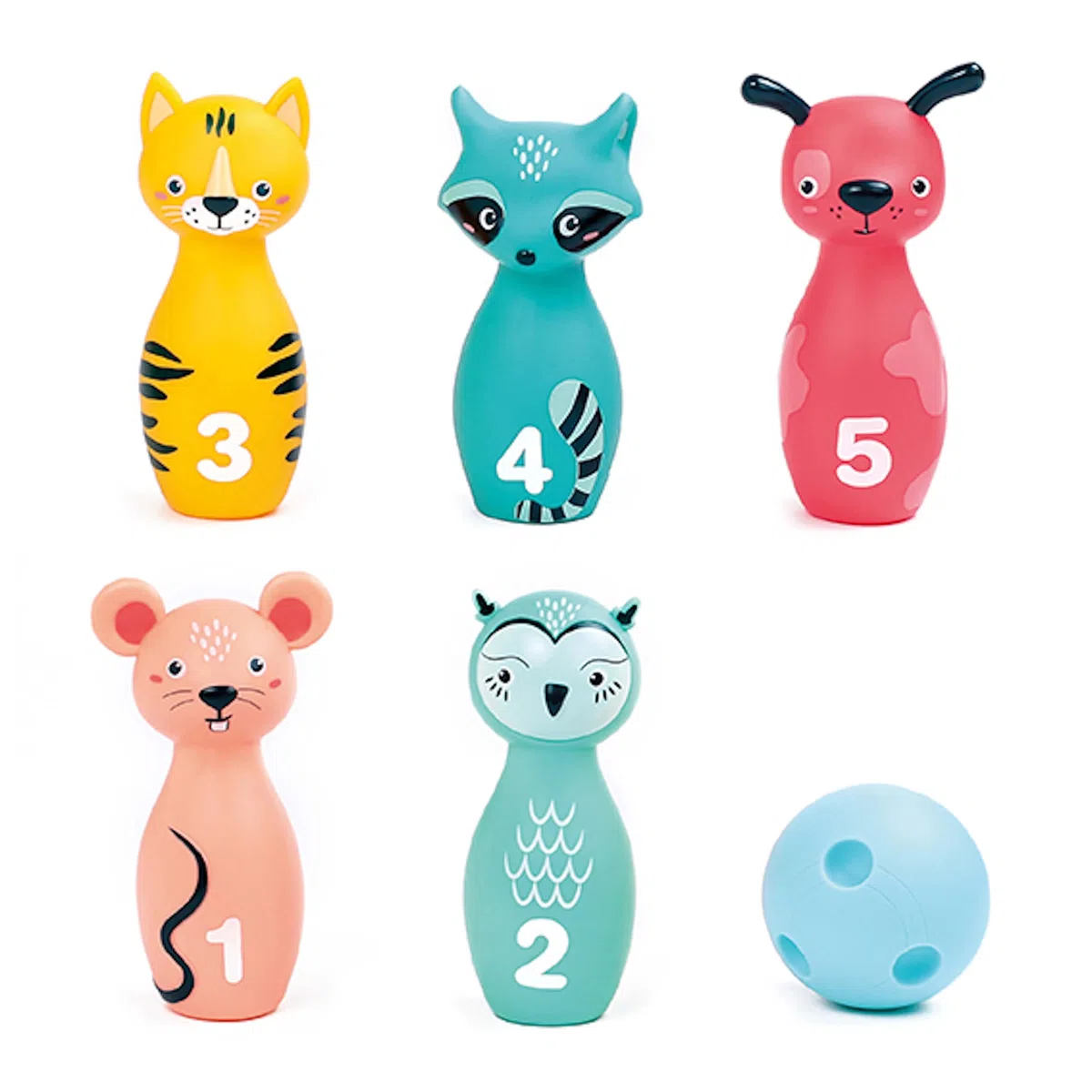 Ludi - Jeu de Quilles Souples pour Bébé - Dès 10 Mois - 5 Quilles Animaux Faciles à Prendre en Main + Balle Ergonomique - Dextérité, Vise et Coordination - Silencieux et Léger - 100% PVC, Lavable