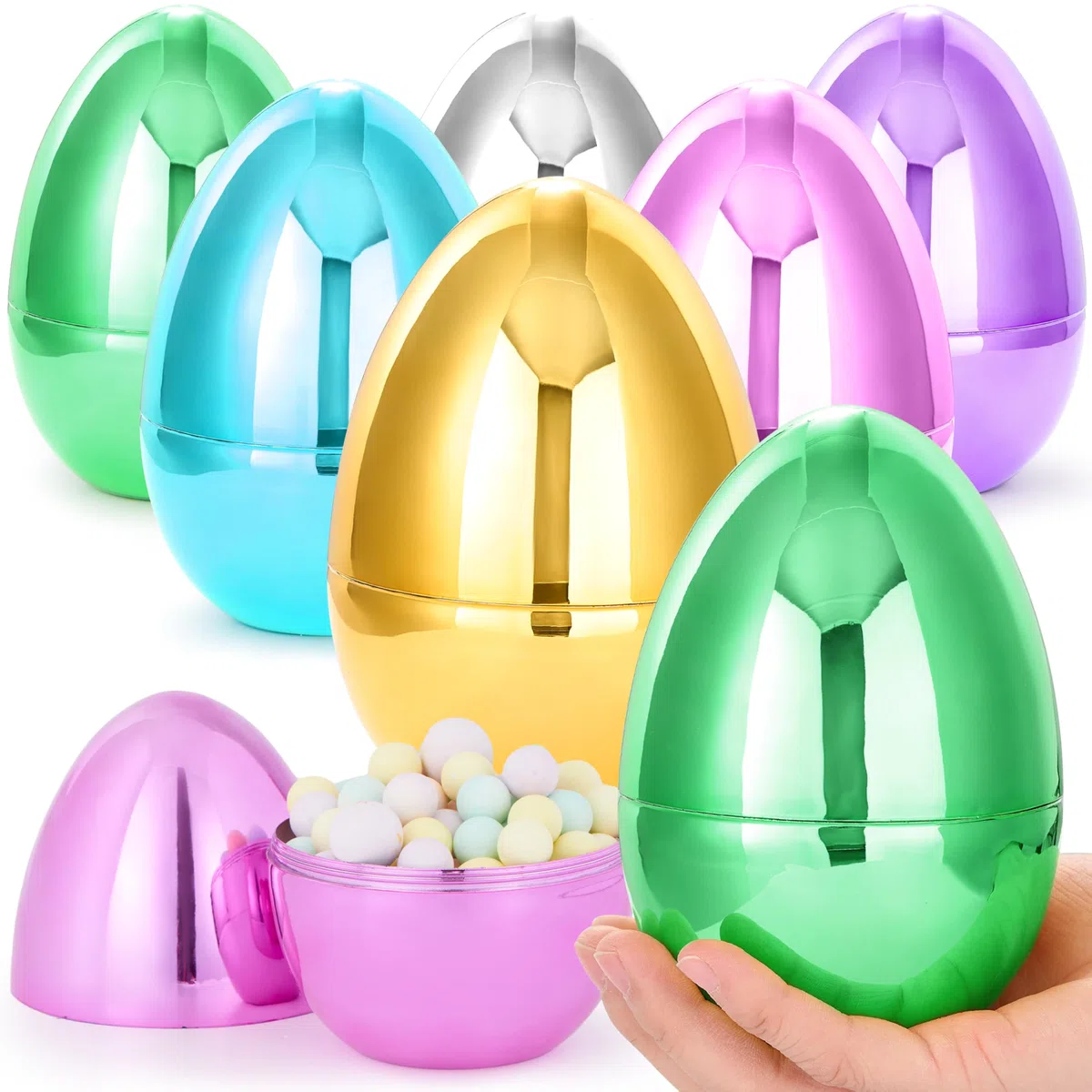 JOYIN Gros œufs de Pâques métalliques, 15 cm, œufs géants colorés en plastique à remplir pour la chasse aux œufs de Pâques, les paniers garnis, les friandises