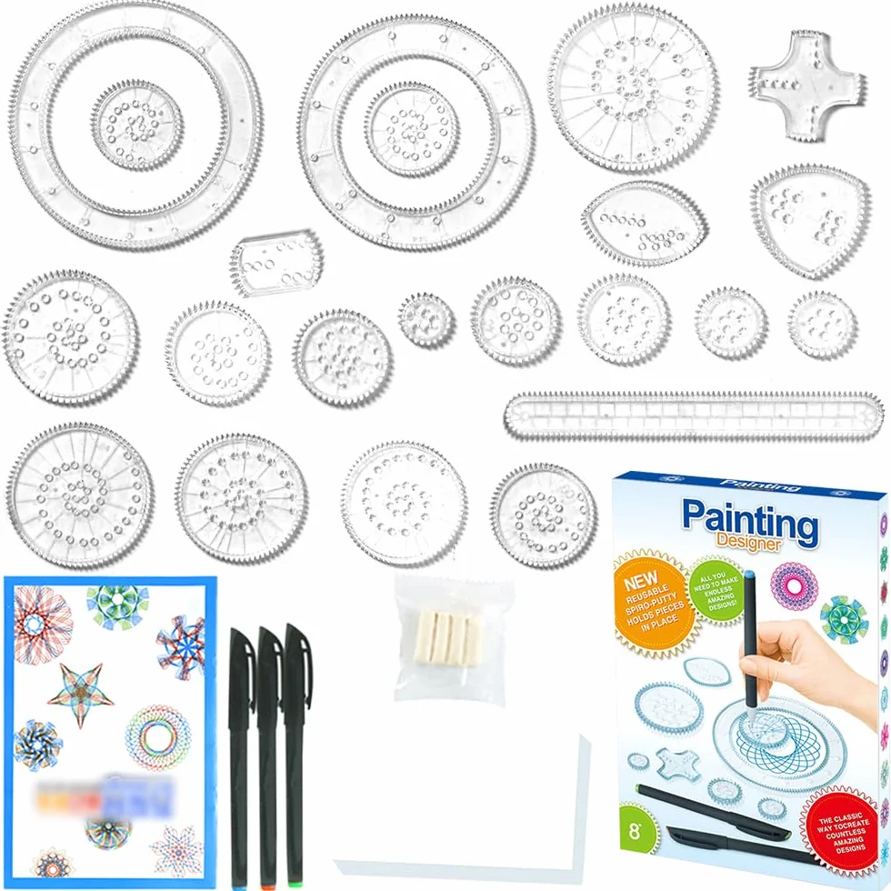 Spirograph Deluxe, Spirographe Enfant, 28 Pieces Spirograph Art Design Set, Outil de Dessin avec Pochoirs Intégrés, Mandala Designer pour Enfants et Adulte