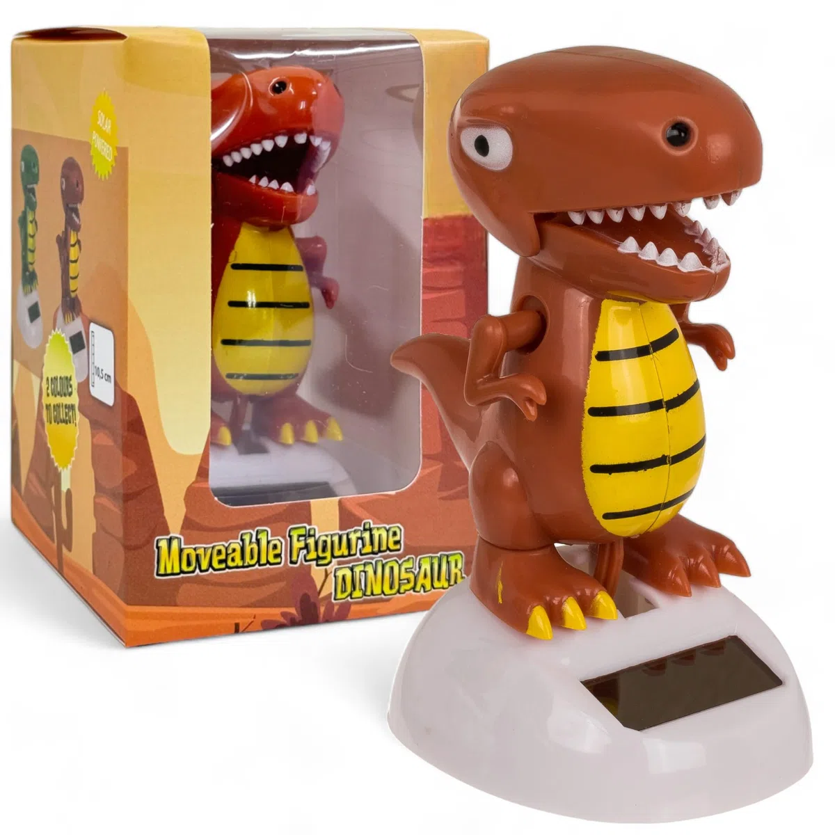 MIJOMA Figurine mobile à énergie solaire - En plastique - Avec cellule solaire - 10 cm de haut - Pas de piles nécessaires - Pour rebords de fenêtre, voitures et endroits ensoleillés - Dinosaure marron