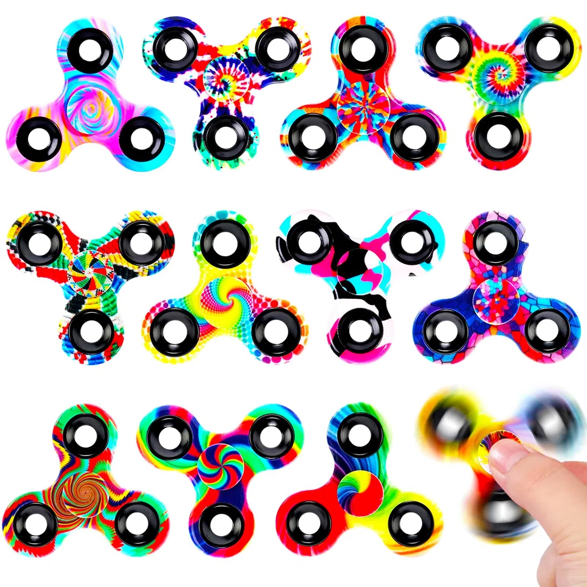 SCIONE Lot de 12 Fidget Spinners pour Enfants et Adultes – Jouets Sensoriels Camouflage et Tie-Dye, Mini Fidget Toys Anti-Stress, Idéal pour Sacs Surprises et Prix de Classe (6,3 cm / 2,48 Pouces)