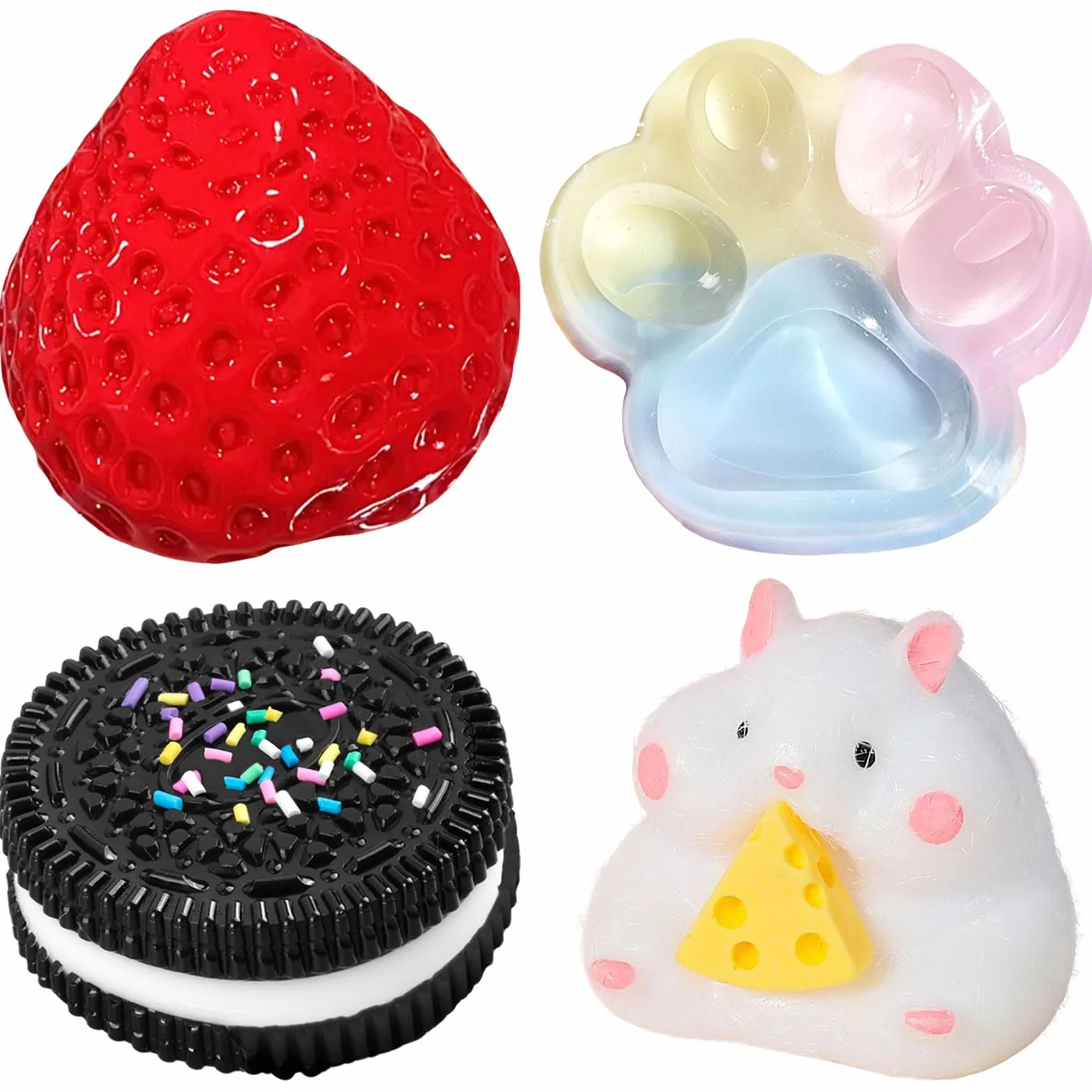 Taba Squishy Set 4Pcs Fraise Hamster Chat Paw Fufu Squishy Toy Stress Relief Sensory Play Fidget Gift for Kids Adults