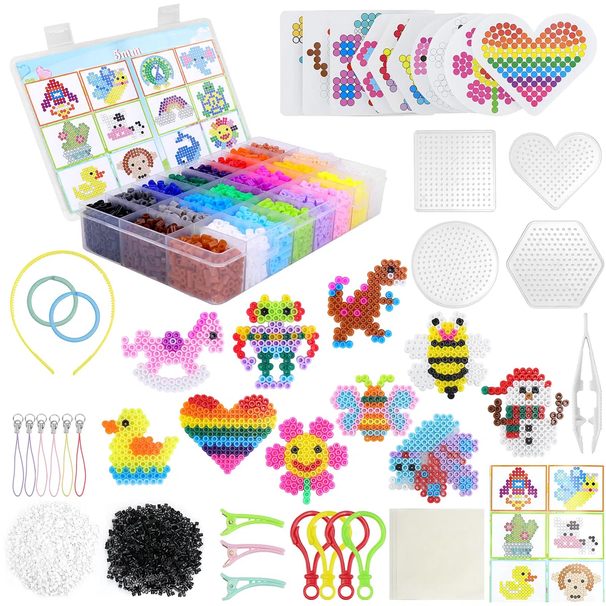 Zoyomax Perles à Repasser Set, 6300 Perles de 5mm, 24 Couleurs avec Boîte de Rangement, Plaque Perle Papier à Repasser, Accessoires, Décoration DIY de Bijoux, Cadeau Anniversaire pour Garçon Filles