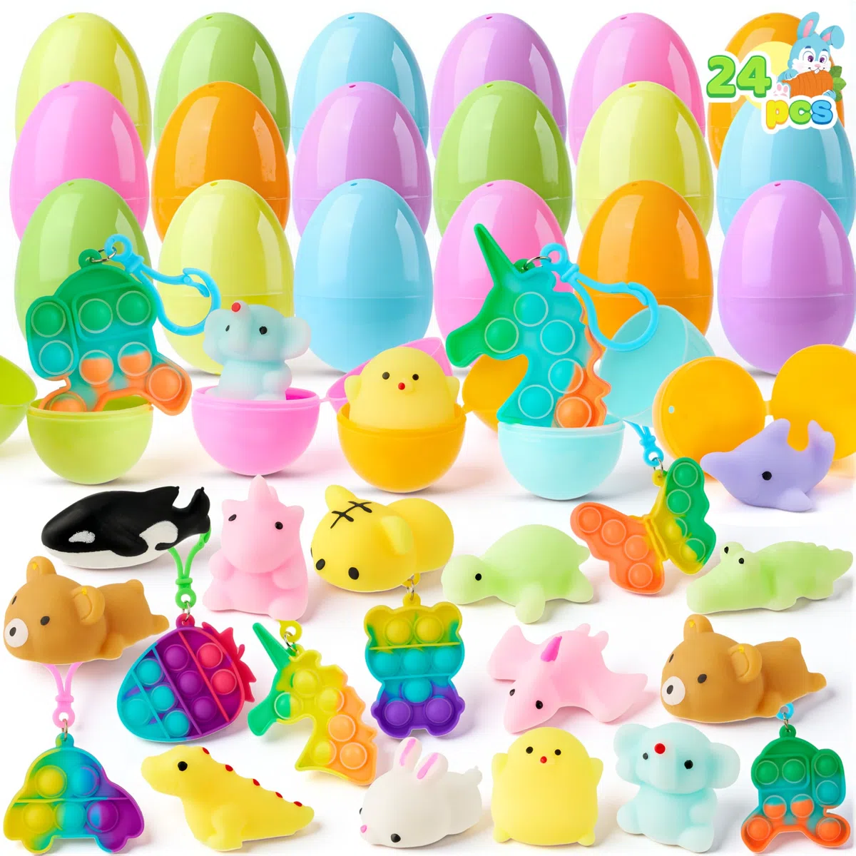 JOYIN Lot de 24 œufs de Pâques pré-remplis avec jouets assortis, remplis de mochi et de porte-clés à bulles pop, œufs de Pâques en peluche pour que les enfants puissent jouer à la chasse aux œufs, rem
