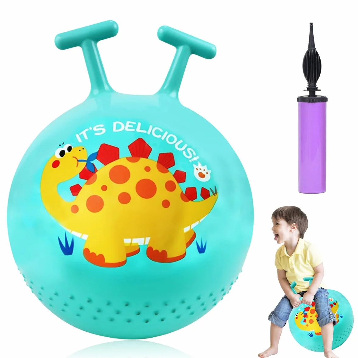 Ballon sauteur dinosaure avec poignée en T pour enfants 80 kg jouet extérieur dès 2 ans vert