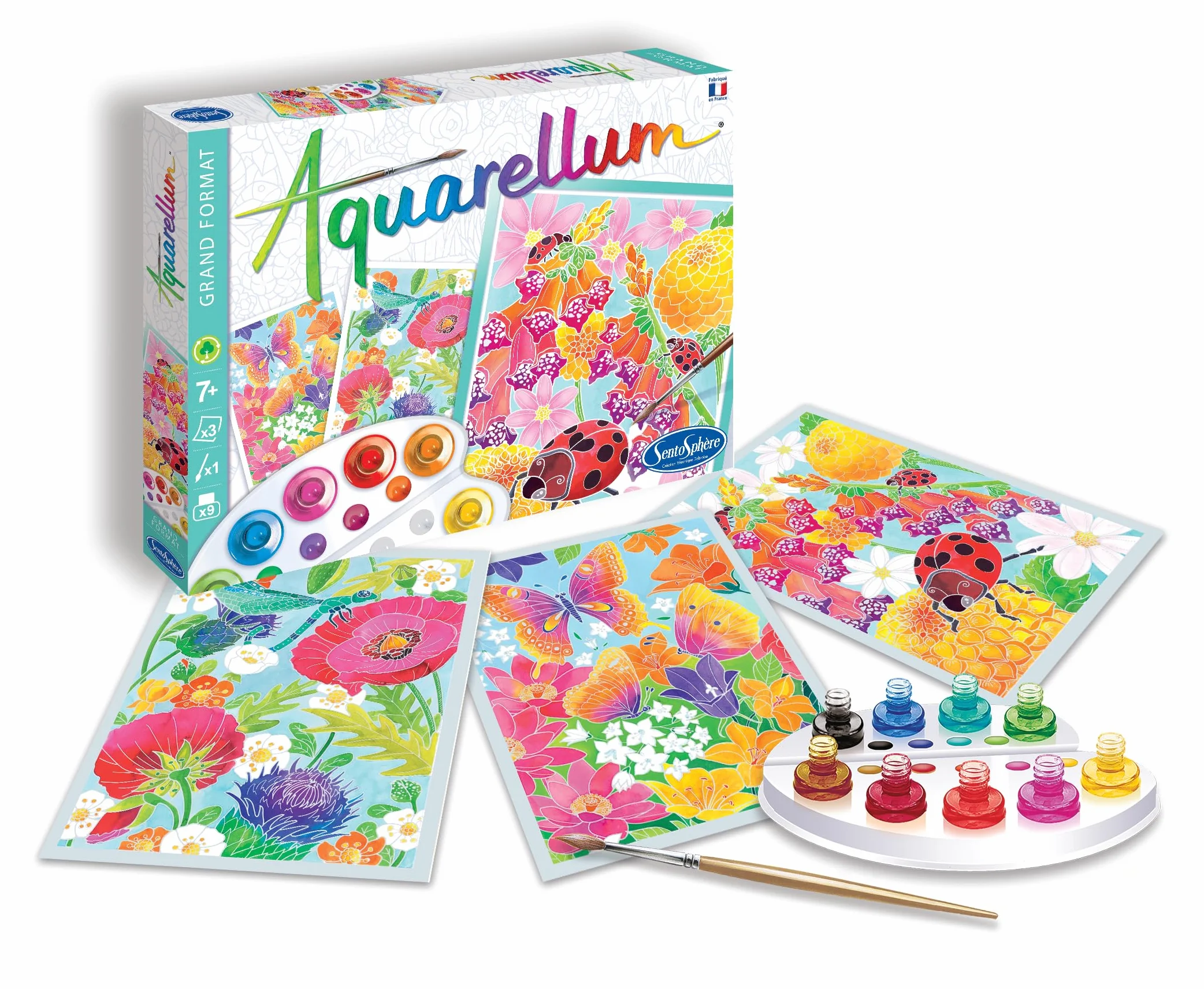 Sentosphère Aquarellum Dans les Fleurs Kit Peinture Aquarellable Magique 7 Ans Fabriqué en France