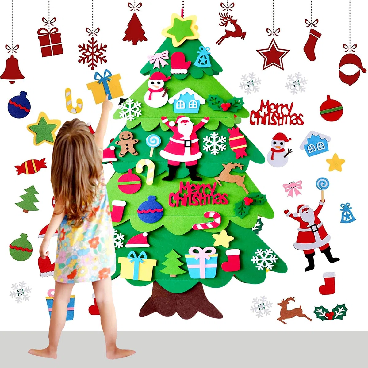OUQIWEN Feutre Arbre de Noël,100cm DIYSapin de Noël en Feutrine pour Enfant avec 32 Ornements Détachables pour Porte Murale