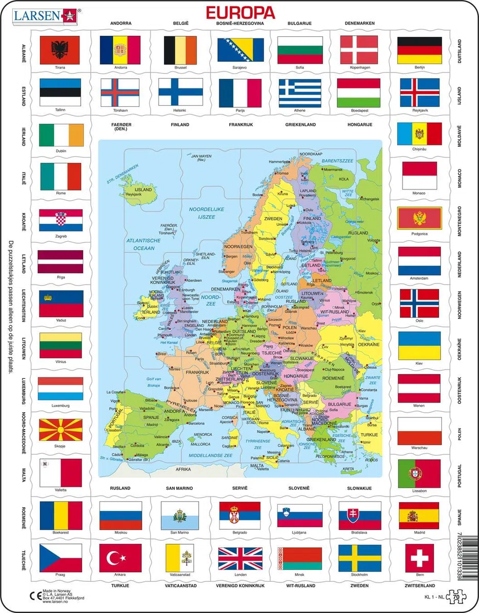 Larsen KL1 Drapeaux et Carte Politique de l'europe, édition Néerlandais, Puzzle Cadre avec de 70 pièces
