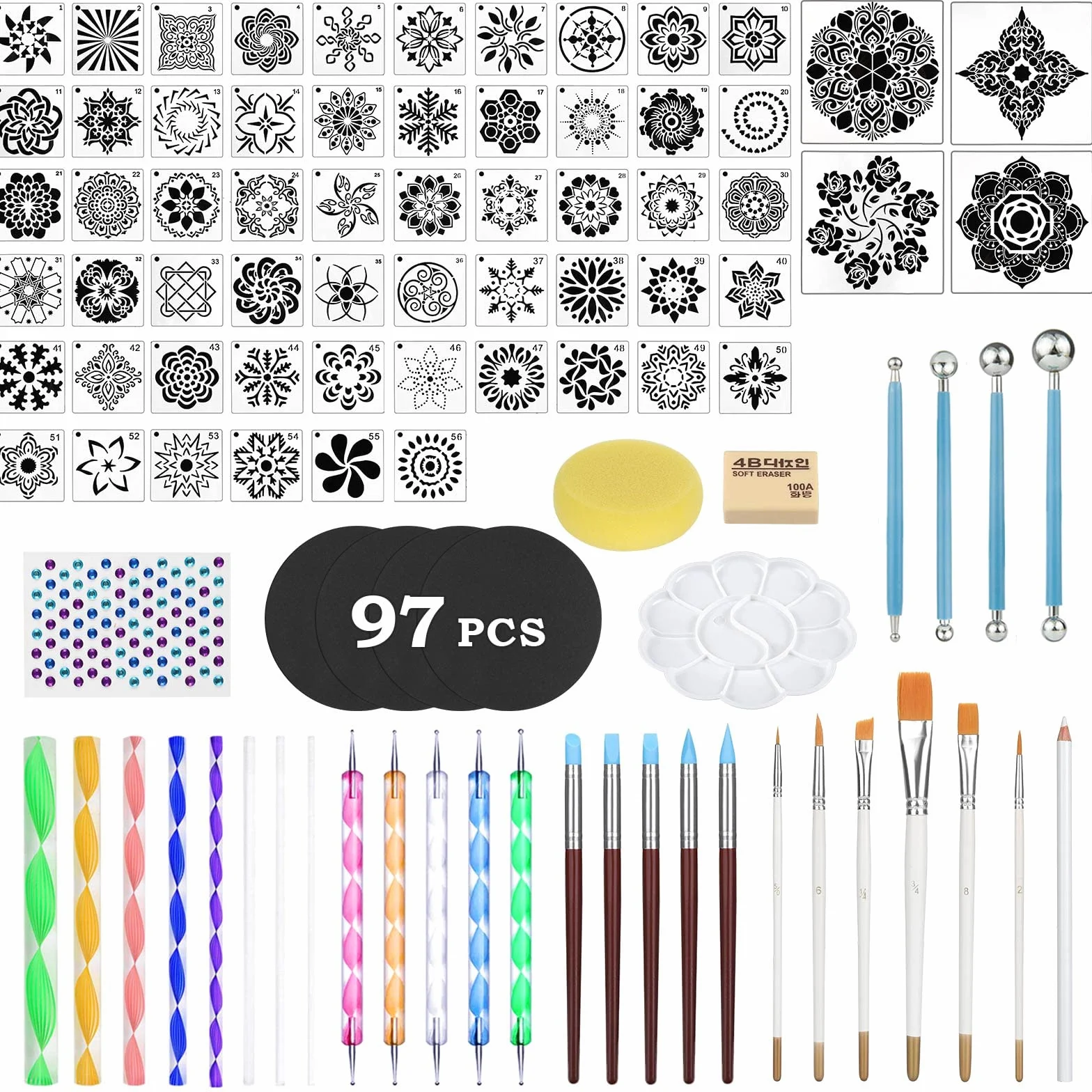Kit Mandala 97 pièces Set Dotting Tools Pochoir peinture roche
