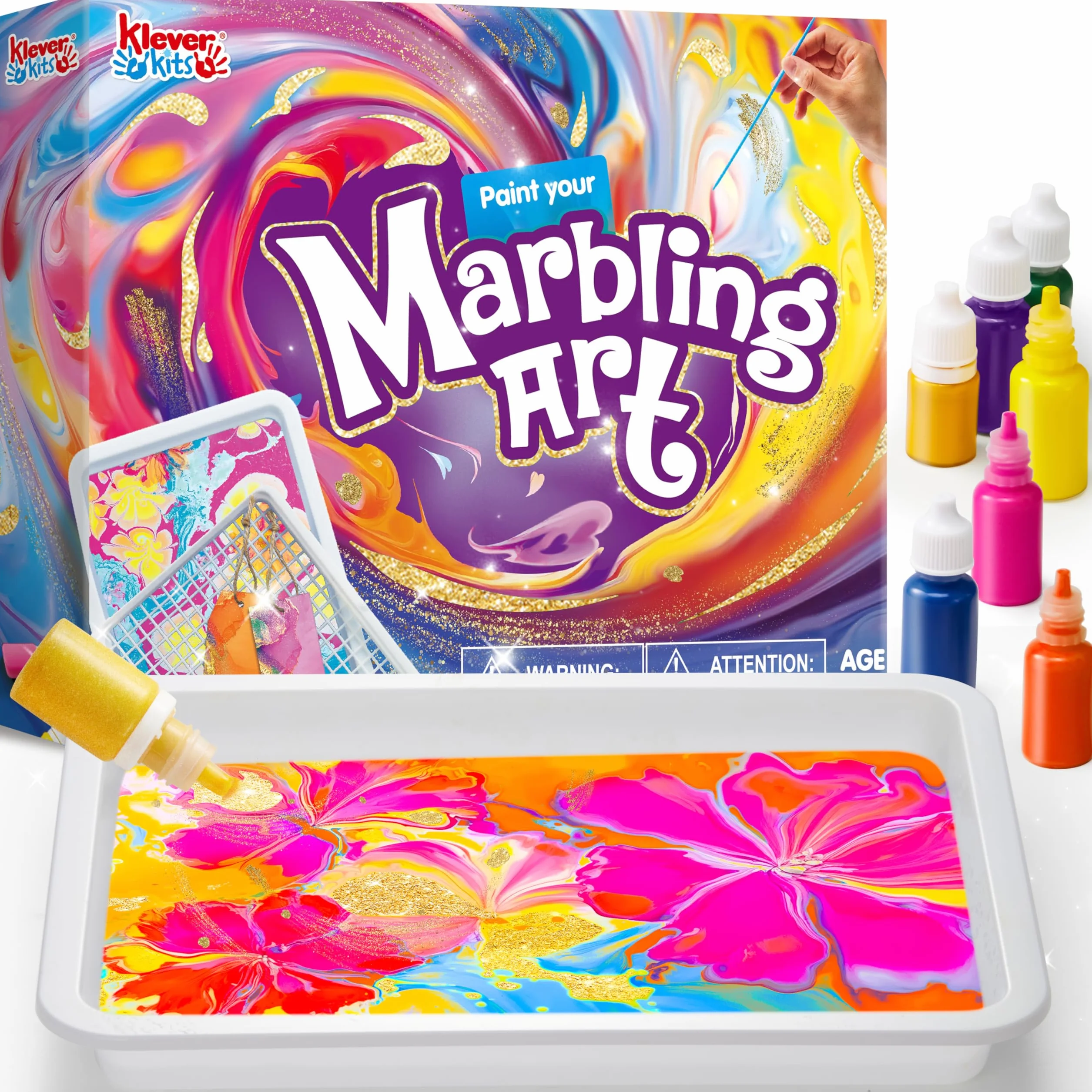 Klever Kits Ensemble de Peinture à l'Aquarelle Marbrée pour Enfants, Cadeaux Créatifs pour Enfants avec 6 Couleurs Vibrantes et 1 Or Métallique, pour Filles et Garçons de 6 à 12 Ans