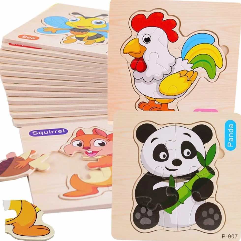 Lot de 16 puzzles en bois pour enfants 1-3 ans, jouets éducatifs Montessori animaux