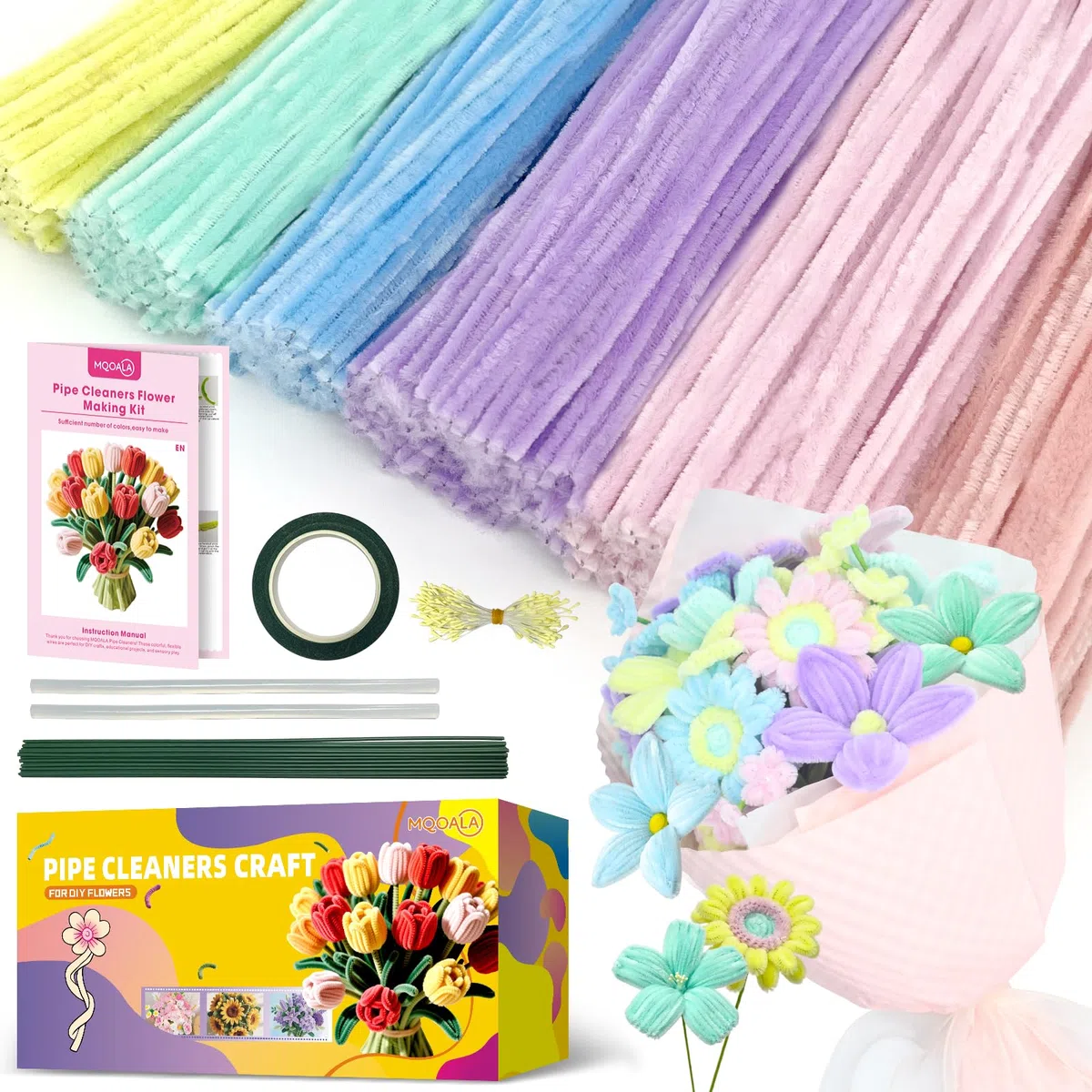 kit de 450 fleurs cure pipe avec instructions, kit de fleurs cure-pipes en fil chenille, fils chenilles loisirs creatifs étamines pour bouquets, décorations DIY, couleur macaron pipe cleaners