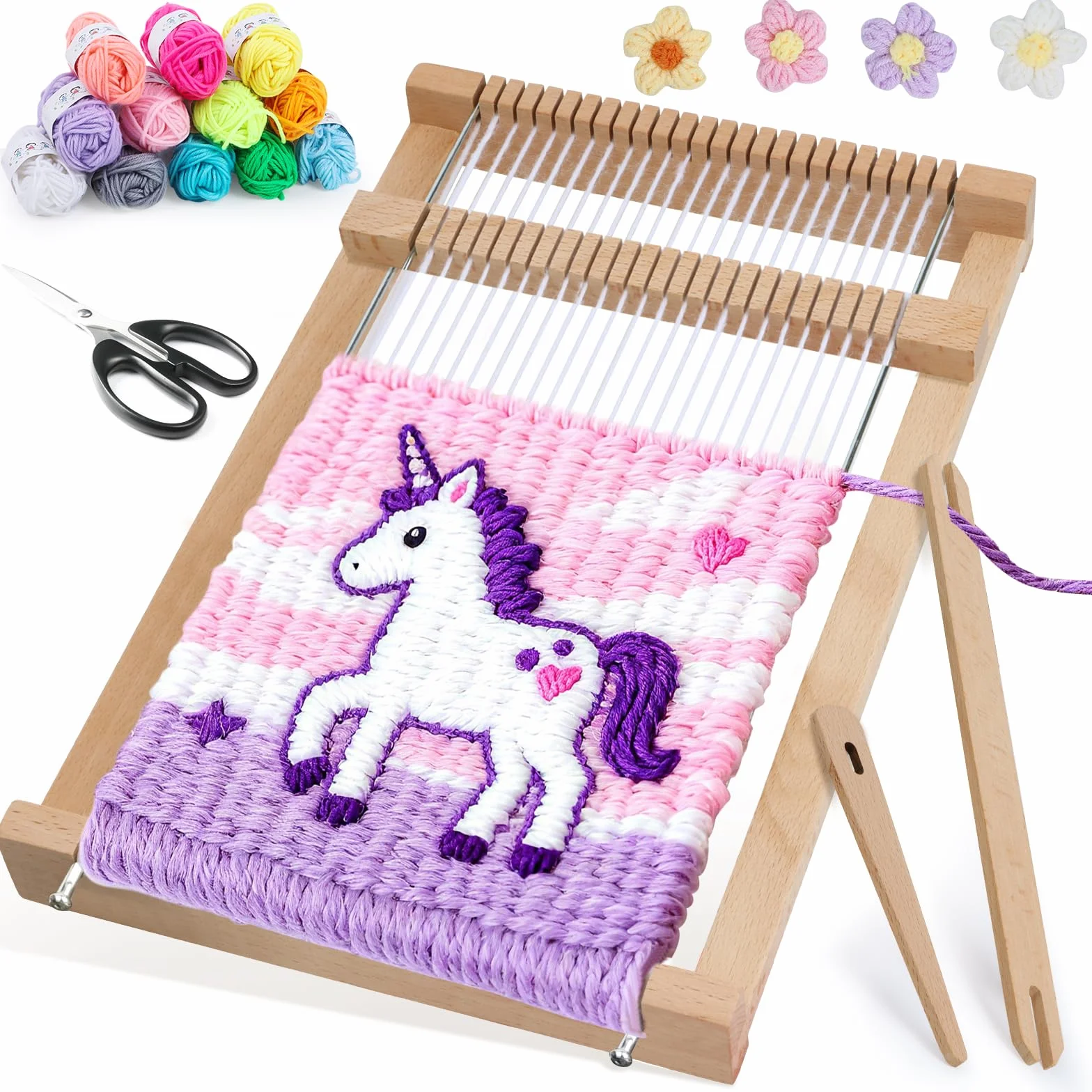 BSTDAYEVER Metier a Tisser Enfant de 4 Ans et Plus Métier à Tisser Bois DIY Cadre de Tissage en Bois Set 29x19cm Métiers à Tissers la Laine Contient 12 Couleurs de Fil pour Débutants Enfant