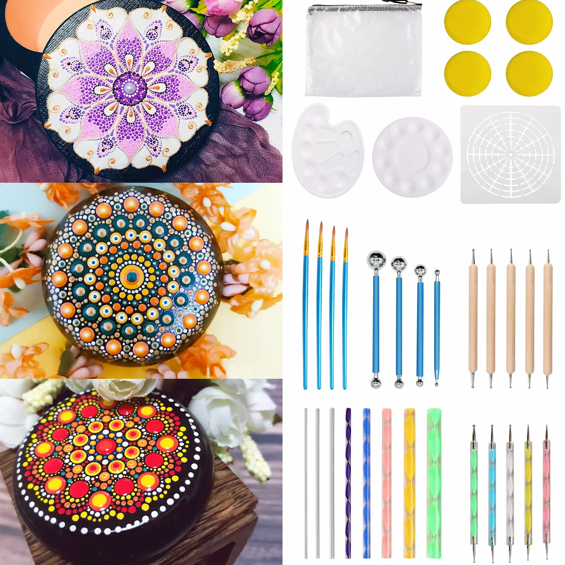 Kit Mandala Peinture 41 Pièces, Pochoir Mandala, Dotting Tools, Galet a Peindre Mandala