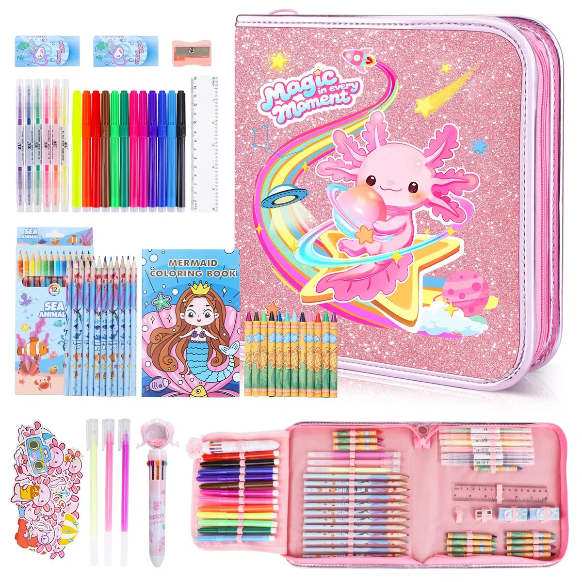 JYPS Crayon de Couleurs Enfant, 73 Pcs Axolotl Malette Dessin Filles avec Trousse, Livre De Coloriage, Stylo Et Crayon, Kit Coloriage Enfants Parfumés Papeterie, Cadeau Fille 4 5 6 7 8-12 ans