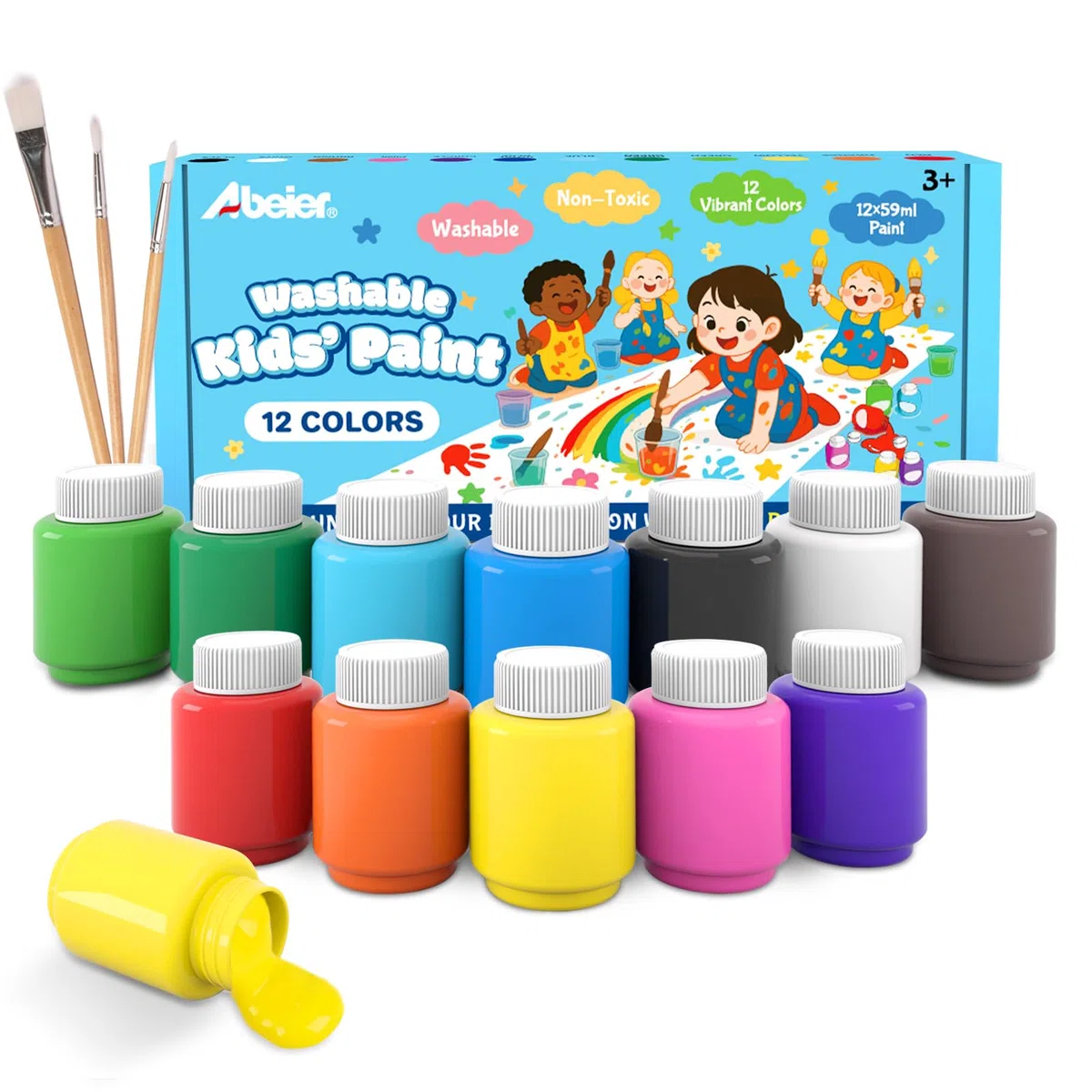 ABEIER Peintures lavables pour enfants, 12 couleurs assorties, coffret de peinture tempera pour enfants 59 ml, peinture acrylique non toxique facilement lavable pour affiches, arts et projets