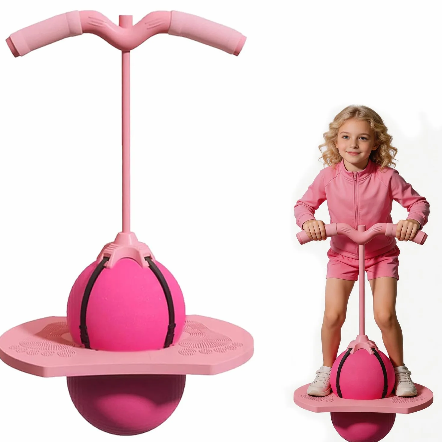 Ballon Sauteur Enfant Pogo avec Poignée Rose Intérieur Extérieur Sport Fitness