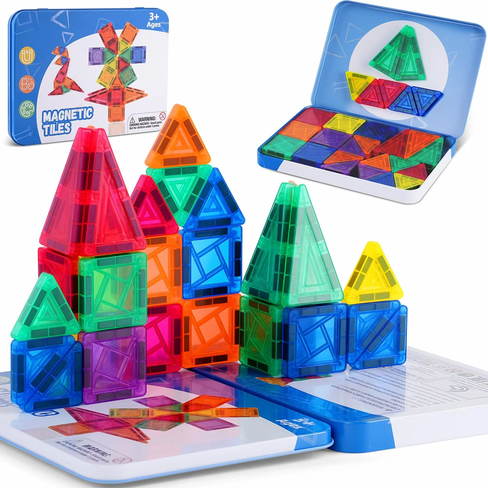 Construction Magnétique Enfant 42 Pièces Tuiles Magnétiques avec Boîte Rangement Métal Portable pour 3+ Ans