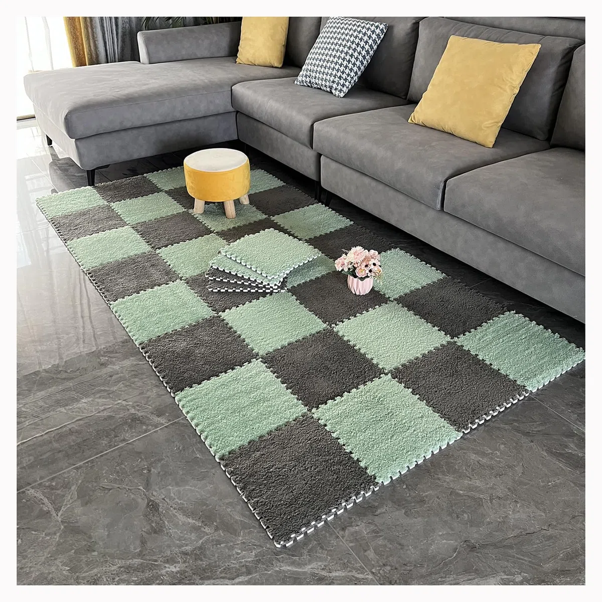 Tapis Puzzle carré en Mousse emboîtable, 30 x 30 cm, avec Bordures, 2,4 x 2,4 m (64 pièces), Blanc et Gris
