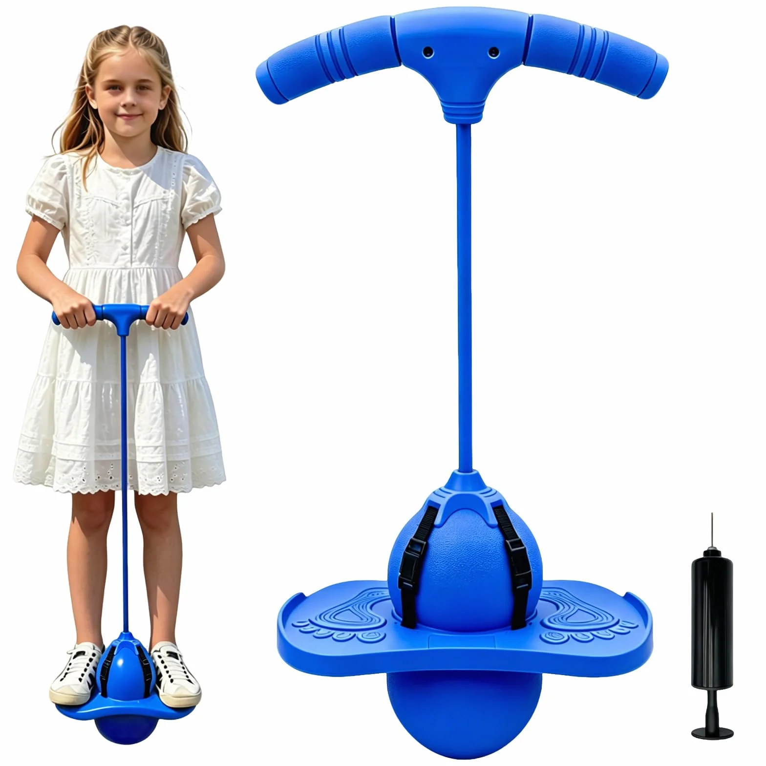 Ballon Sauteur Adulte Enfant, Pogo Ball avec Poignée et Pump, Résistant à l'Usure, Bleu