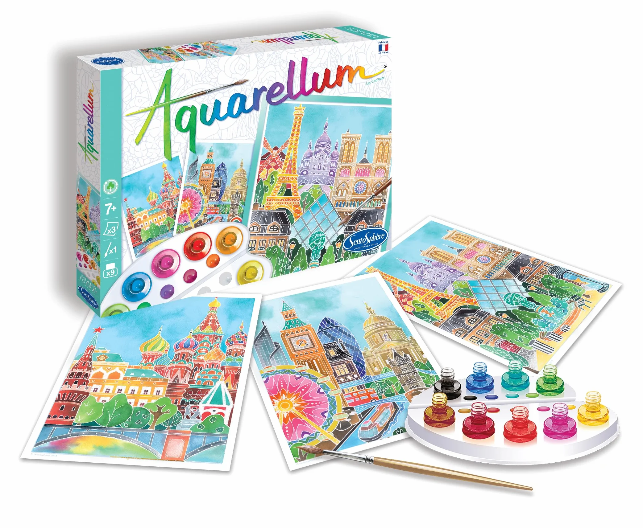 Sentosphère Aquarellum grand format CAPITALES Kit peinture aquarellable 3 tableaux 32,5 x 25 cm 9 peintures 7 à 99 ans Fabriqué en France