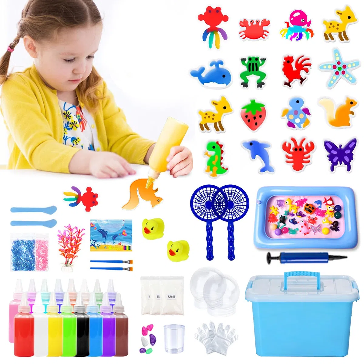 DAZZTIME Gels Magiques 3D Créatifs,55 pièces Kit Créatif Enfant,16 Bouteilles de Gel Coloré 60ml,Aqua Gelz,Comprend 1 Bouteille D'Aménagement Paysager,pour Enfants Garçons et Filles Cadeau.