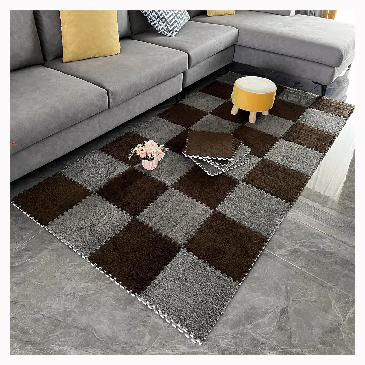Tapis Puzzle carré en Mousse emboîtable, 30 x 30 cm, avec Bordures, 2,4 x 2,4 m (64 pièces), Blanc et Gris