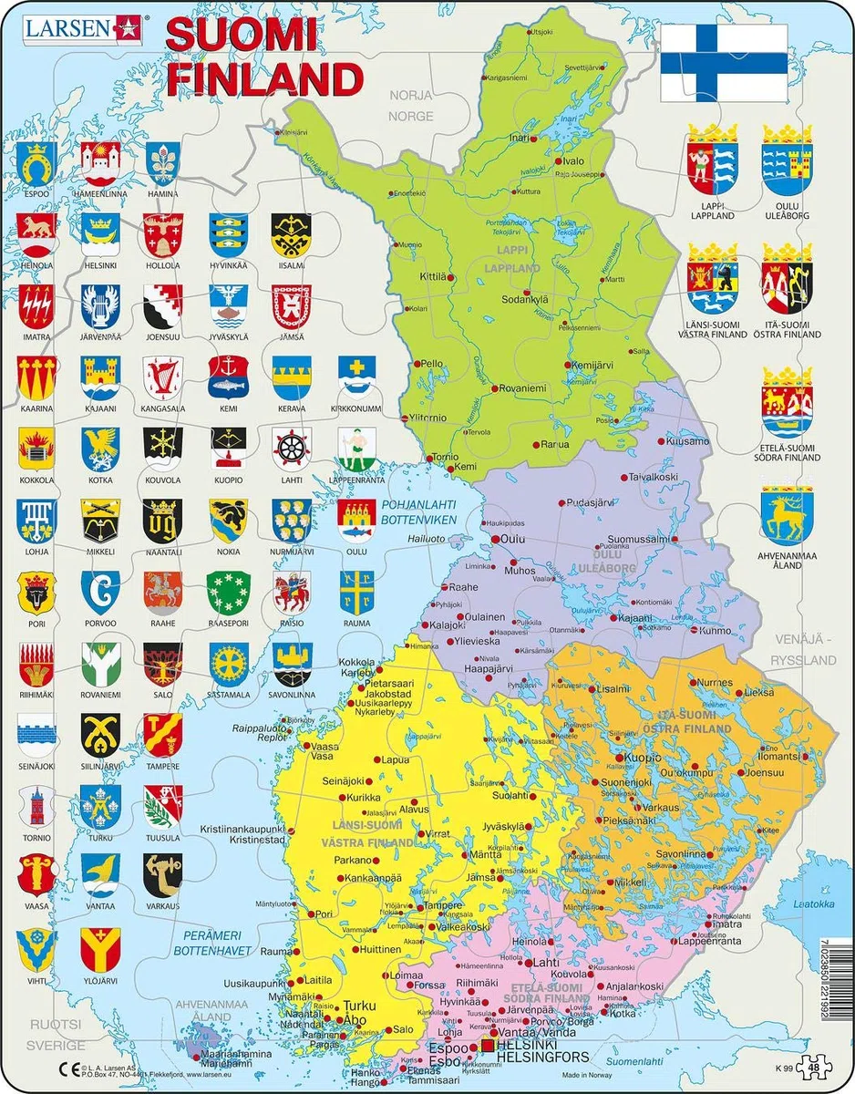 Larsen K99 Carte Politique de la Finlande, édition en finnois, Puzzle Cadre avec de 48 pièces